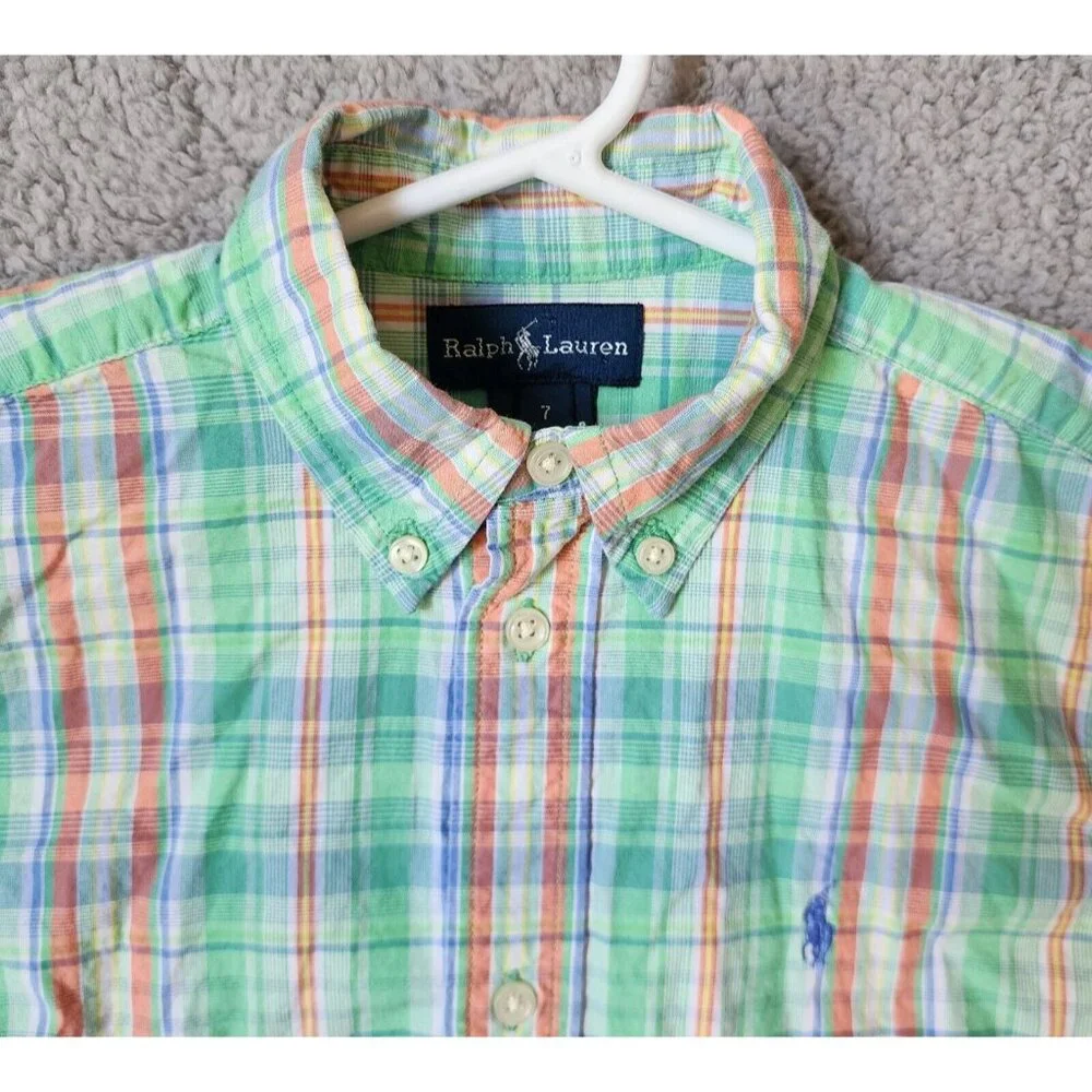Ralph Lauren Green Plaid Short Sleeve‎ Button Down Pony Logo Shirt Youth Size 7